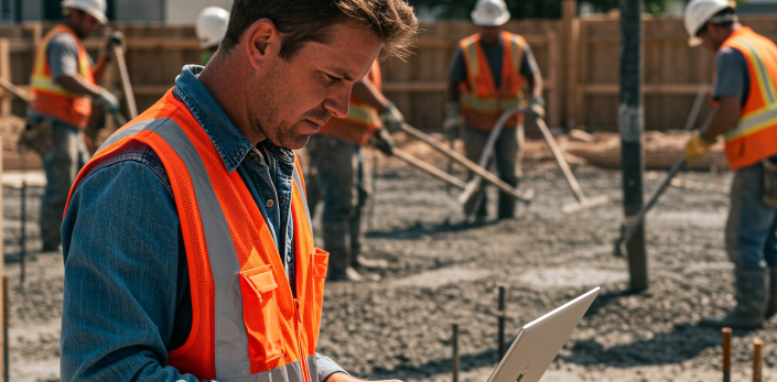 Frontline worker using a laptop at an active construction site.